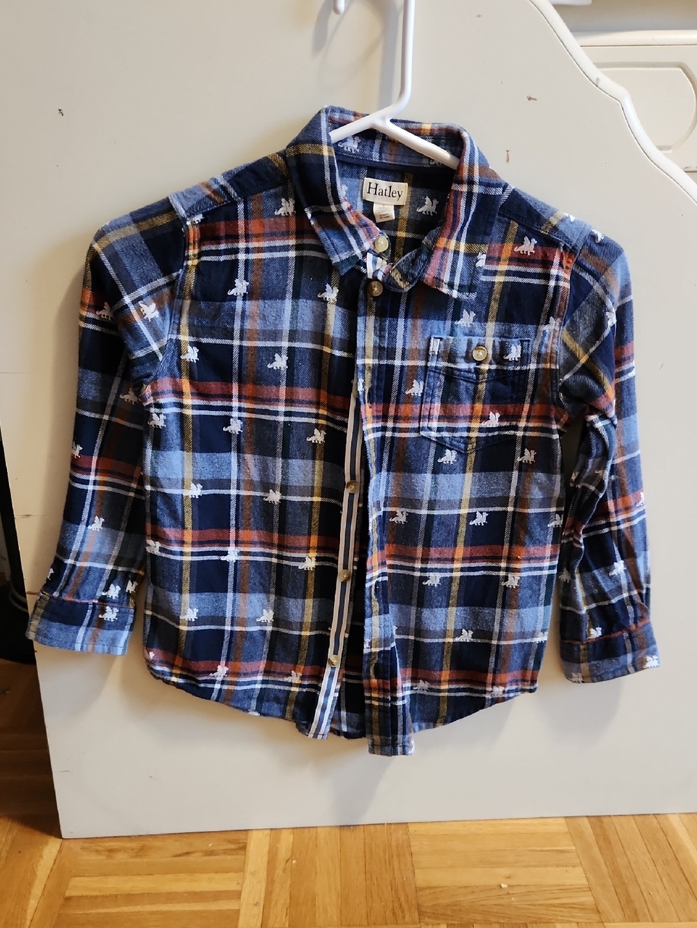 Hatley Navy Plaid Button-Down Flannel Shirt with Dragon Print Size 7
